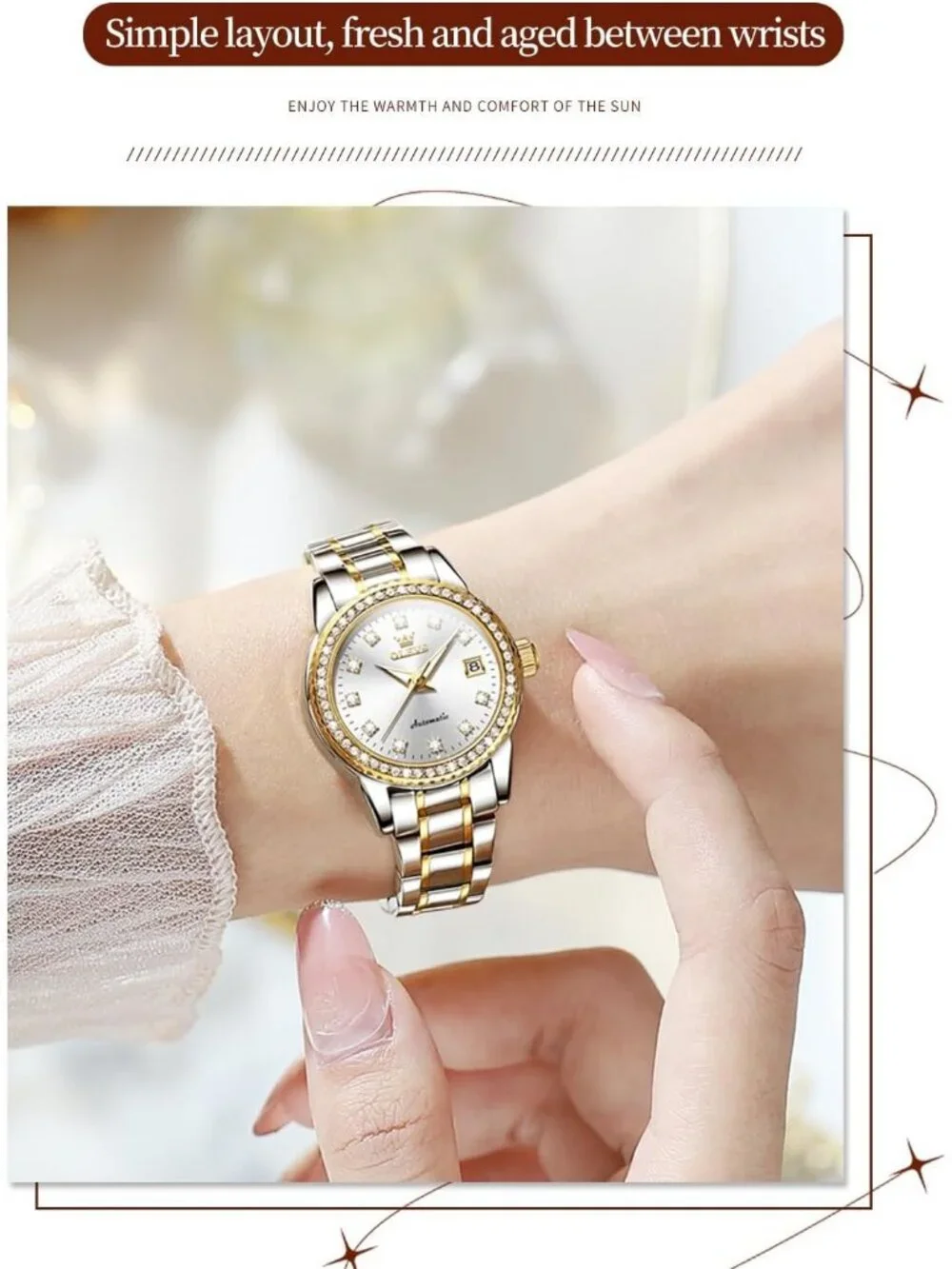 Women's White Automatic Diamond Luxury Mechanical Stainless Steel Wrist Watches